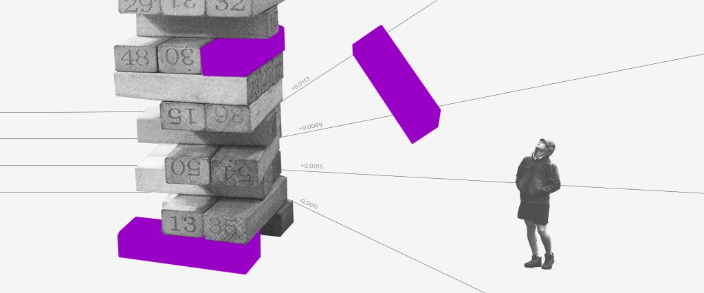 Bolsa de valores: uma colagem mostra uma torre de blocos de madeira em preto e branco, com algumas peças roxas, e uma dessas caindo em uma pessoa que observa de longe a torre.
