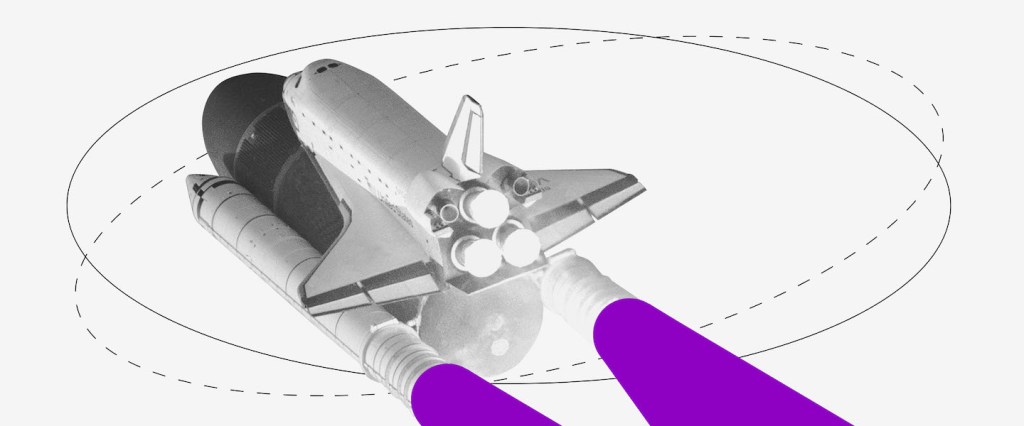 Notícias além do coronavírus: ilustração de uma nave espacial com jatos propulsores roxos.