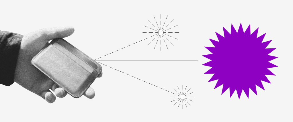 O que é coronavírus: ilustração mostra mão segurando uma carteira com setas saindo em direção à uma bola roxa com pontas