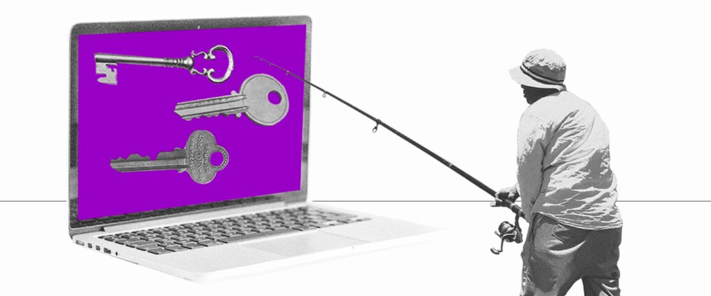 Golpe coronavírus: um pescador joga a vara em direção a um laptop de tela roxa com várias chaves