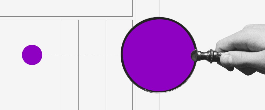 App Caixa Tem: imagem mostra mão segurando uma lupa roxa sobre uma bolinha roxa