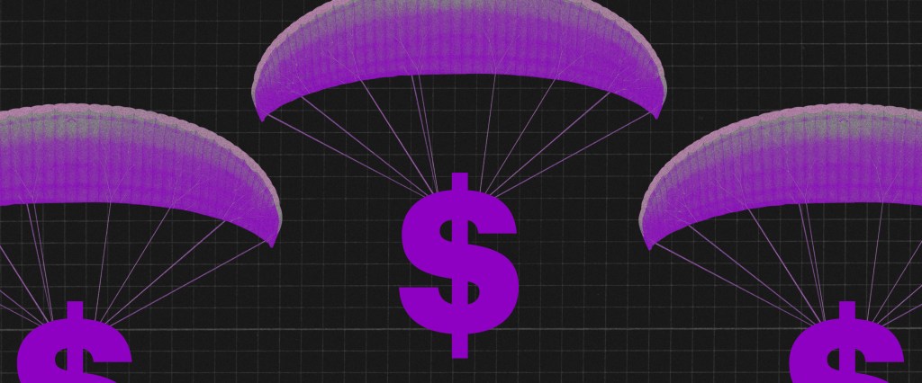 PIS/Pasep: Ilustração mostra $ caindo de paraquedas roxos em um fundo preto