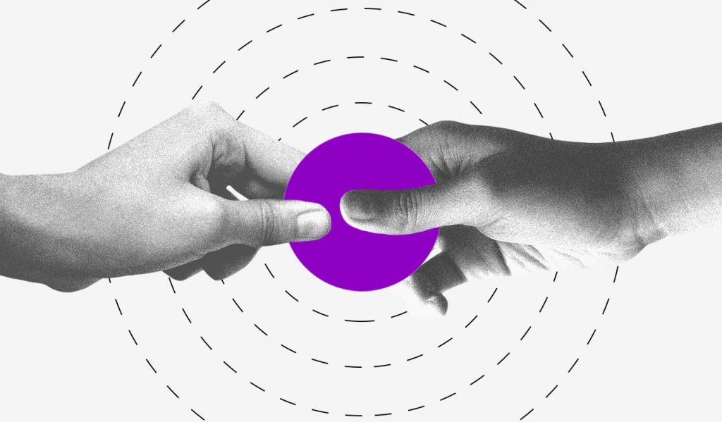 medidas para ajudar micro e pequenas empresas durante o coronavírus: ilustração mostra duas mãos segurando um círculo roxo