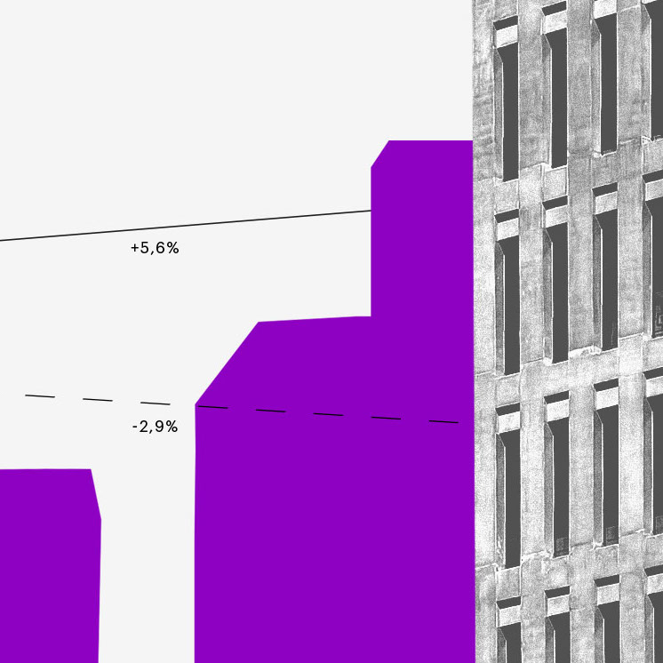 Fundo DI: imagem de dois prédios com blocos roxos no meio