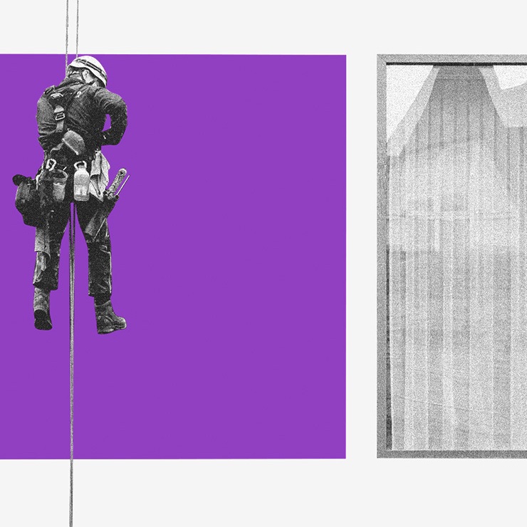 Golpe: imagem de um homem descendo por uma corda em frente a um painel roxo. Ao lado, o mesmo homem está em frente a uma janela aberta
