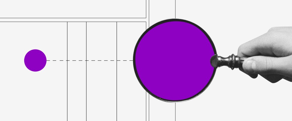 Dicas para visibilidade no Linkedin: ilustração mostra mão segurando lente de aumento roxa, apontada para um ponto roxo sobre um grid