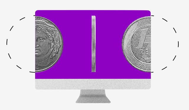 O que é Pix: ilustração de um computador com uma tela roxa com 3 moedas de 1 real