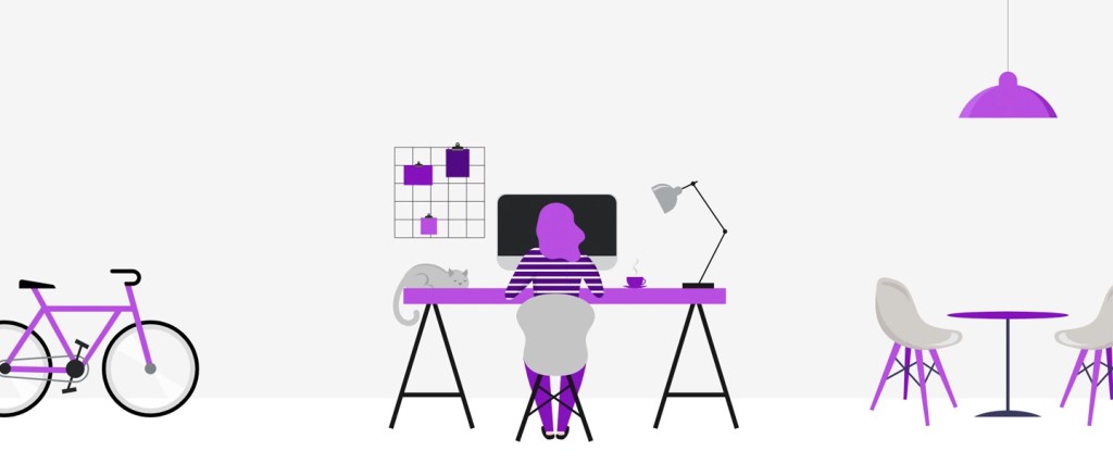Hiring remotely: illustration shows a girl working on her computaer, with a bike by her side. Everything is in shades of purple