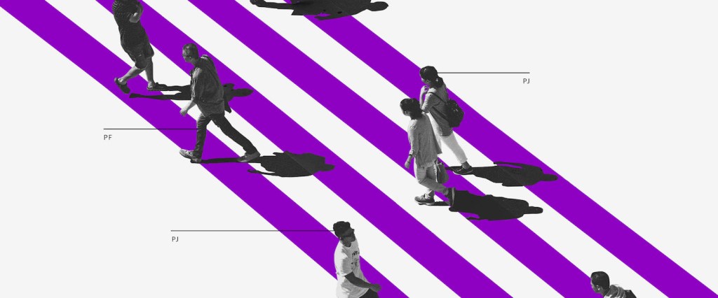 O que é Conta PJ: ilustração mostra pessoas cruzando uma faixa de pedestres roxa