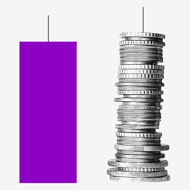 O que é rentabilidade: pilhas de moedas ao lado de colunas roxas