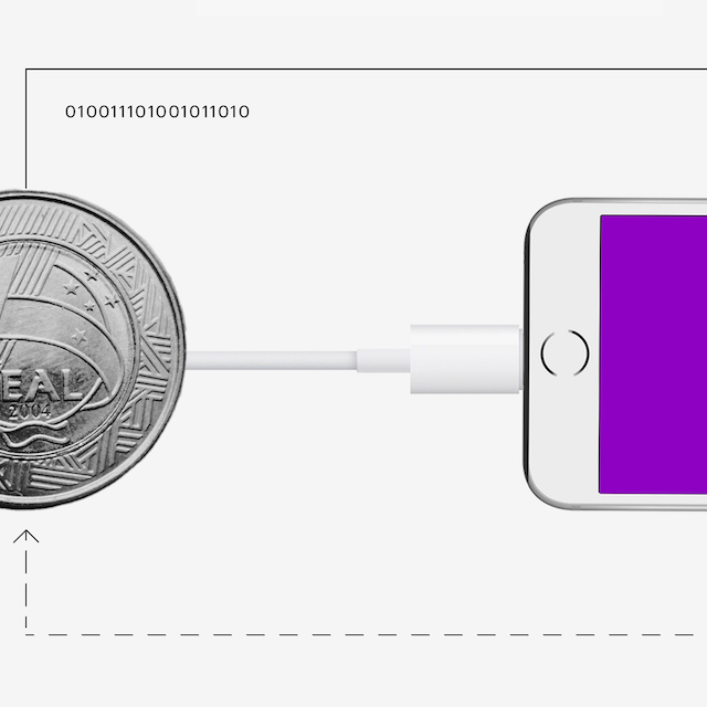 Dúvidas Caixa Tem: ilustração de um celular com tela roxa, com o cabo conectado a uma moeda de 1 real