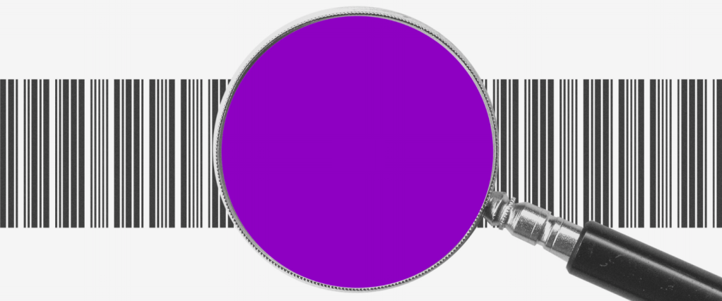 imagem de uma lupa roxa sobre um código de barras