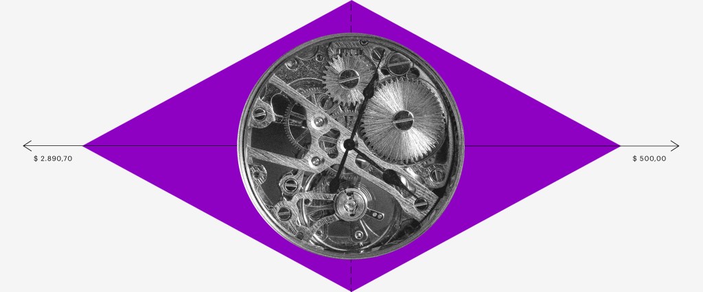 CND FGTS: um losango roxo com a engrenagem de um relógio redondo no meio