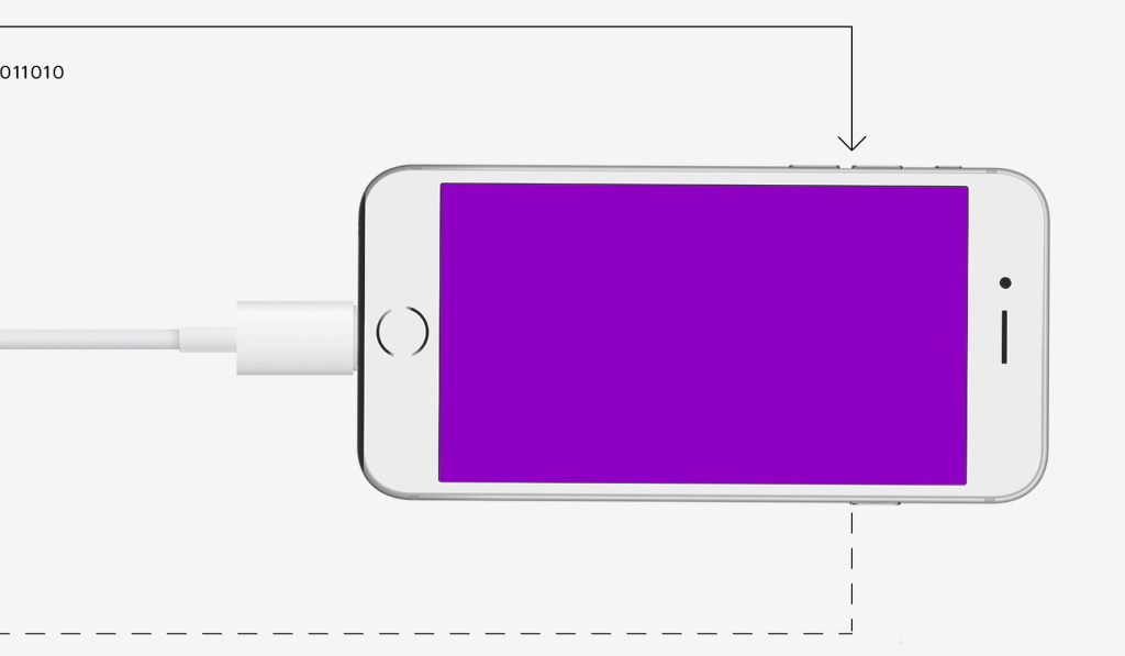 ilustração de um celular com tela roxa, com o cabo conectado a uma moeda de 1 real