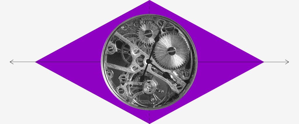 Imagem de uma bandeira do Brasil, mas o losango é roxo e o círculo é a engrenagem de um relógio