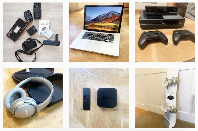 Colagem de imagens de Instagram com 6 itens lado a lado: snowboard, TV digital, fone de ouvido, videogame, notebook e câmera