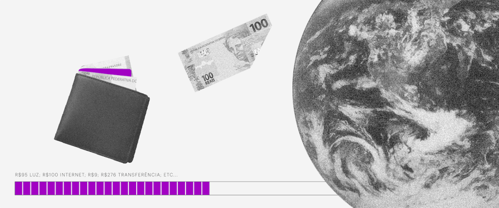 Pix diferença para outros meios de pagamento: imagem de uma carteira de onde sai uma nota de 100 reais. a nota vai voando em direção a um planeta.