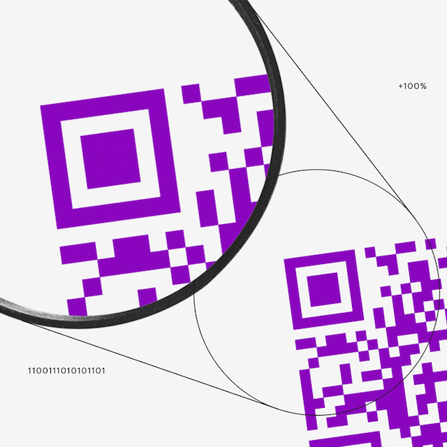Pix para empresas: ilustração mostra uma mão segurando uma lupa e olhando para um QR Code roxo aumentado