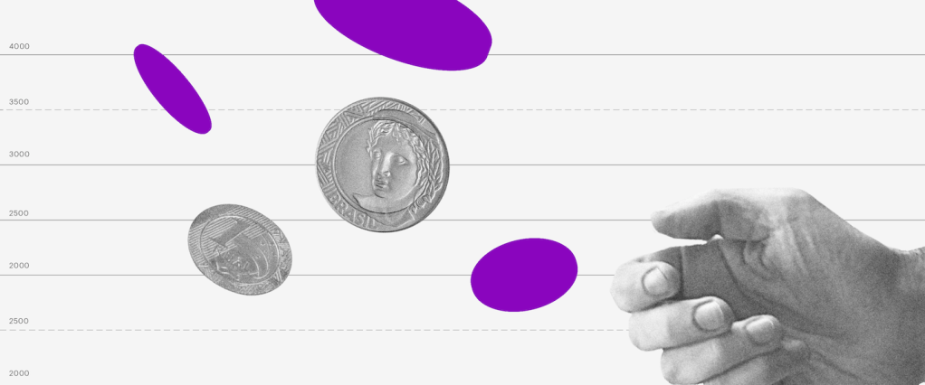 Pregão bolsa de valores: Mão lançando moedas e alguns círculos roxos