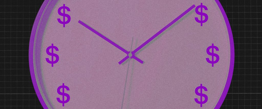 Pix 5 de Outubro: no fundo preto, ilustração de um relógio de ponteiro roxo com cifrões no lugar dos números.
