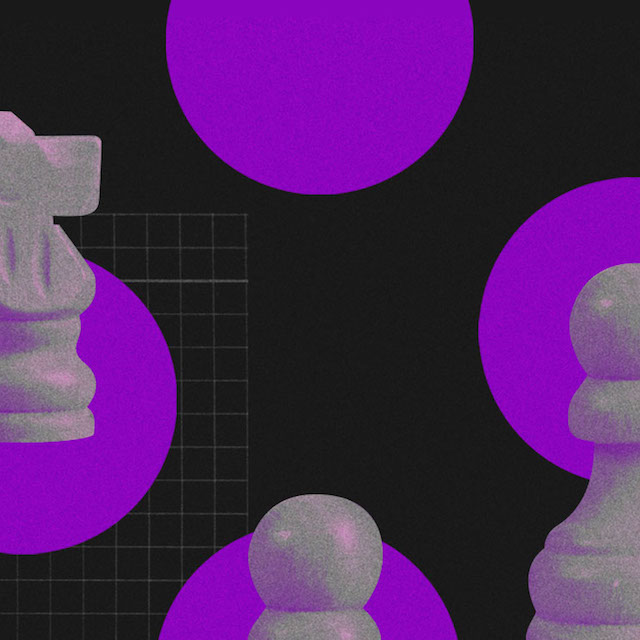 ETF: fundo preto com várias bolas roxas. Dentro de algumas delas estão peças de xadrez em furta-cor, imitando um tabuleiro.