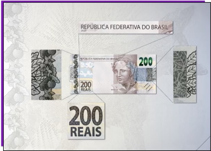 Detalhe da nota de 200 reais que mostra os elementos que estão em alto-relevo