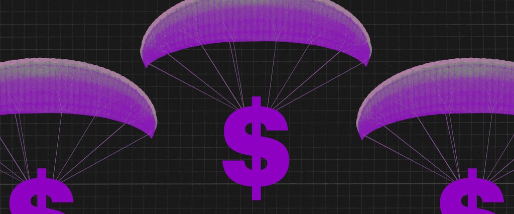 Pix é uma criptomoeda e usa blockchain? : Ilustração mostra $ caindo de paraquedas roxos em um fundo preto