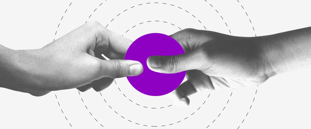 Serviços digitais na pandemia: ilustração mostra duas mãos segurando um círculo roxo