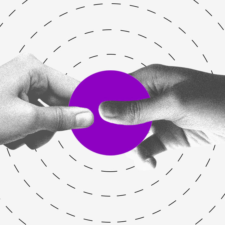 Serviços digitais na pandemia: ilustração mostra duas mãos segurando um círculo roxo