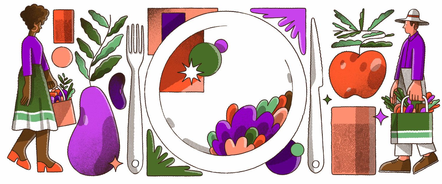 Ilustração com um prato de comida no centro, rodeado por alimentos. Em cada extremidade da imagem, uma pessoa aparece andando com uma sacola de feira