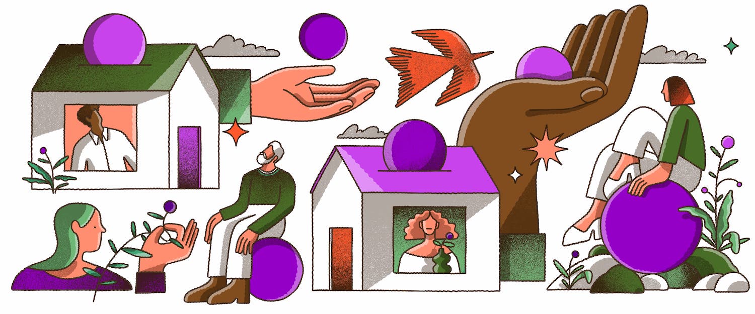 Ilustração com diversos elementos: duas casas com pessoas olhando pela janela, duas mãos segurando bolas roxas, pessoas sentadas sobre outras bolas roxas.