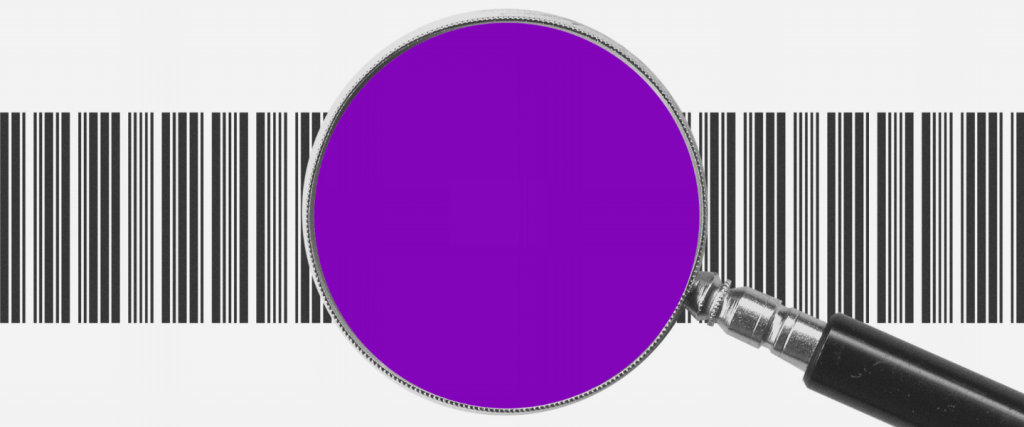 Pix Cobrança: Uma lupa roxa, com as letras BRL no centro, com um código de barras atrás
