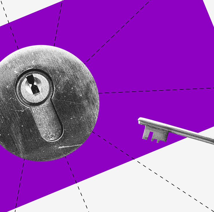 Segurança no Pix: Ilustração de uma mão segurando uma chave em direção a uma fechadura sobre um fundo roxo