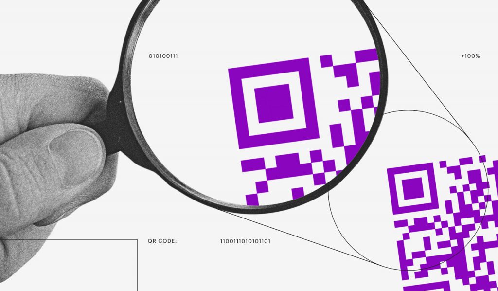 Pix QR Code: ilustração mostra uma mão segurando uma lupa e olhando para um QR Code roxo aumentado