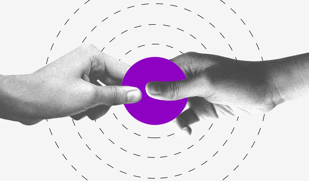 Como vender pela internet: ilustração mostra duas mãos segurando um círculo roxo