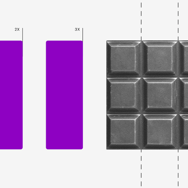 Parcelamento simples nacional: imagem mostra três retângulos roxos. Depois, uma barra de chocolate com linhas cortando as fileiras.