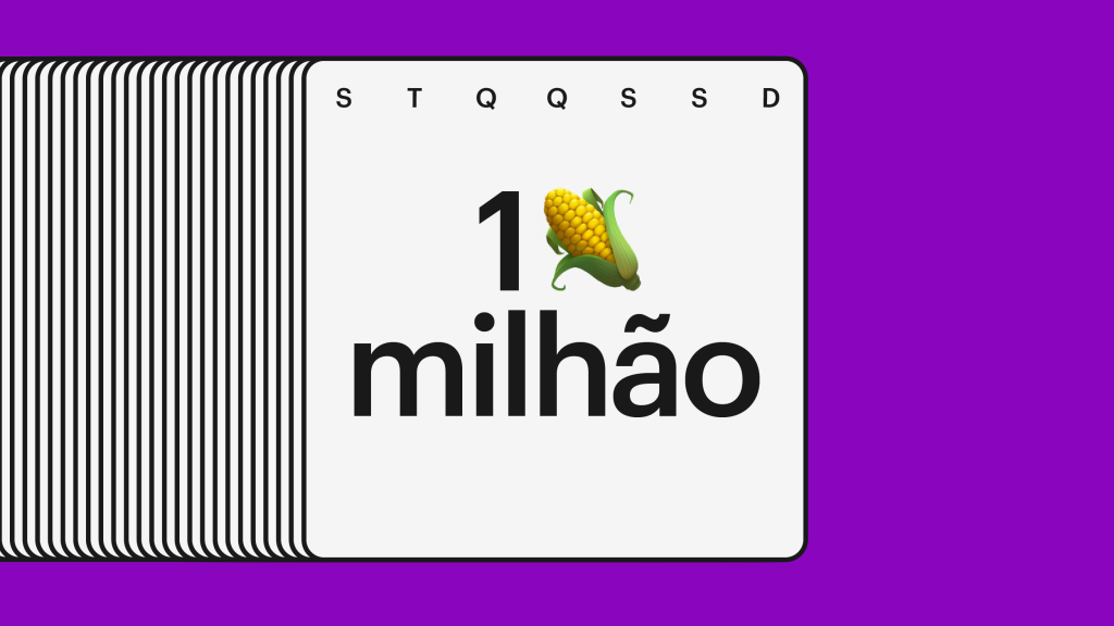 Imagem de fundo roxo. No centro, uma folha branca de calendário onde está escrito 1 milhão. Ao lado do 1 há o ícone de um milho