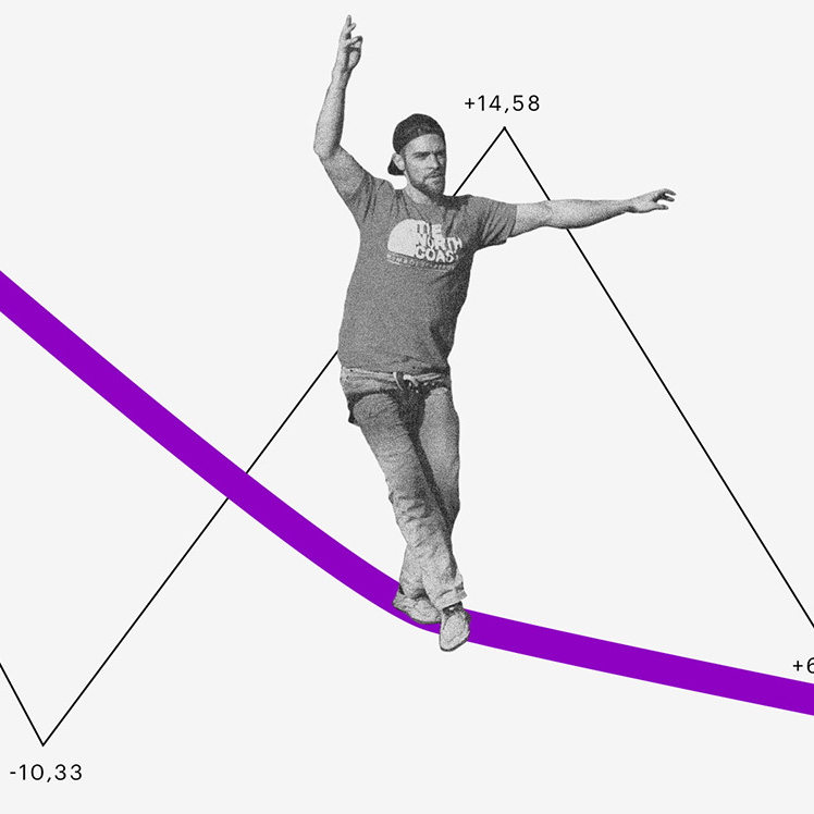 Aluguel mais que dobrou: Homem se equilibrando em uma corda bamba roxa em meio a um gráfico que desce e sobe com porcentagens