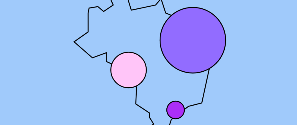 Ilustração com o contorno do mapa do Brasil sobre um fundo azul claro. Três bolas de tamanho diferentes aparecem em pontos distintos no mapa, uma roxa, uma roxa e outra lilás
