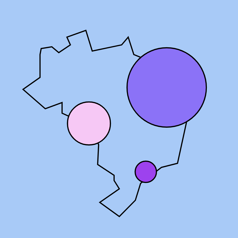 Ilustração com o contorno do mapa do Brasil sobre um fundo azul claro. Três bolas de tamanho diferentes aparecem em pontos distintos no mapa, uma roxa, uma roxa e outra lilás