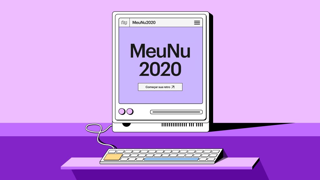 Meu Nu 2020: ilustração mostra um computador e teclado, na tela está escrito 