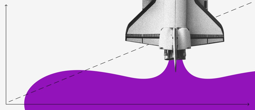 Colagem de um foguete partindo para cima. Da turbina sai uma mancha roxa que se espalha através de um gráfico com eixos x e y