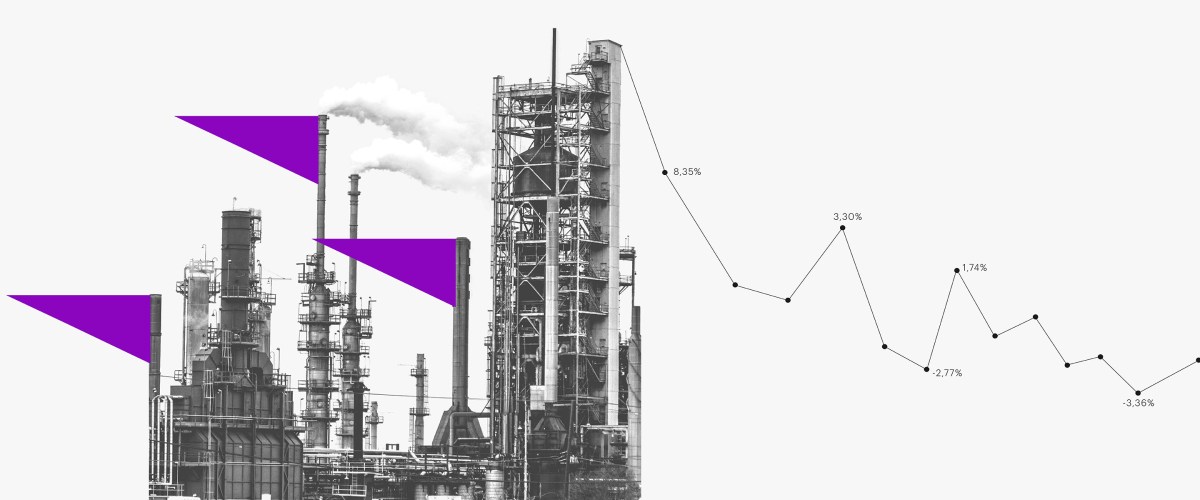 Por que o preço do diesel mexe com a economia: imagem de uma indústria de petróleo cinza com bandeiras roxas e gráfico que mostra oscilação de preço. Fundo branco.