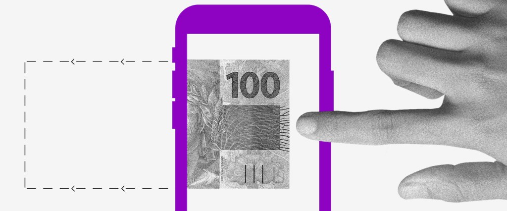 Auxílio Emergencial 2021: Ilustração de uma nota de 100 reais dentro de uma tela de celular. Uma mão estica o dedo para tocar nela.