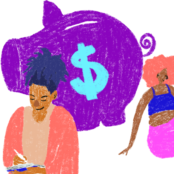 Ilustração similar a giz de cera com várias mulheres cuidando de seu dinheiro