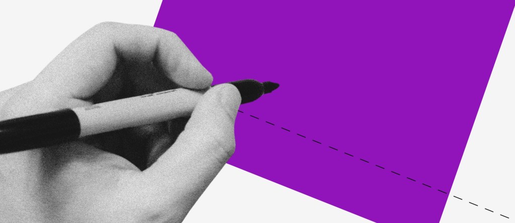 Declarar PIS/Pasep no IR: Ilustração de uma mão em preto e branco segurando uma caneta esferográfica preta. Ela leva a caneta a uma linha pontilhada sobre um retângulo roxo.