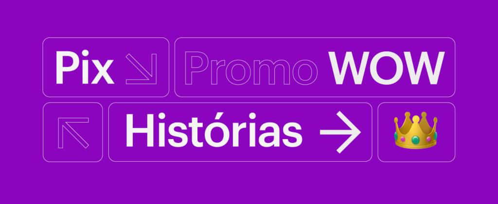 Fundo roxo com escritos Pix, Promo wow, Histórias e uma coroa de rei