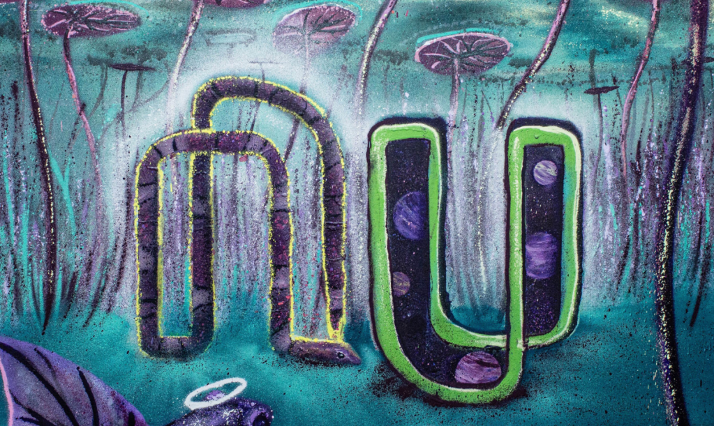 Grafite com logo do Nu em tons de roxo e verde, com vitória régia no fundo do mar