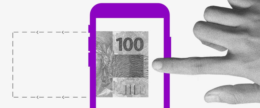 Calendário saque auxílio emergencial 2021: Ilustração de uma nota de 100 reais dentro de uma tela de celular. Uma mão estica o dedo para tocar nela.
