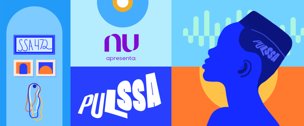 Ilustrações do evento Pulssa, em azul e laranja, com o logo roxo do Nubank